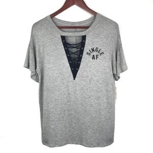 Alya Women Gray Lace Up V Neck T Shirt Single AF Graphic Tee Top Size Small